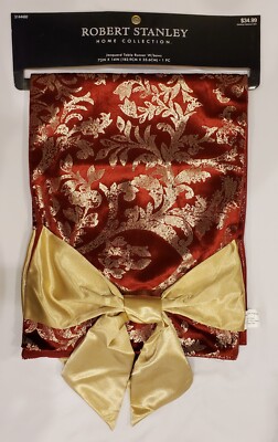New Robert Stanley Christmas Table Runner: Gold & Red Jacquard with Gold Ribbons
