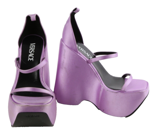 Versace Satin Light Purple Platform Strappy Wedge Sandals Size 37.5