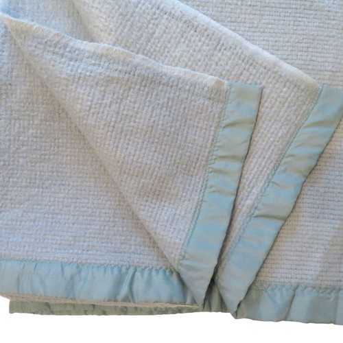 Vintage Twin Size Waffle Weave Acrylic Blanket Satin Trim Teal Blue Made in USA - Picture 11 of 14