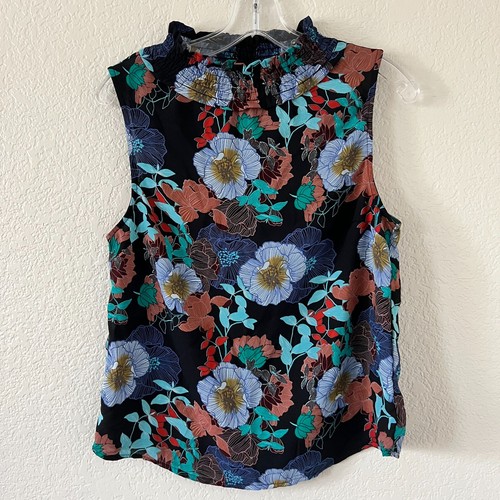 Monteau schwarze geblümte ärmellose Bluse mit hohem Kragen Damen M