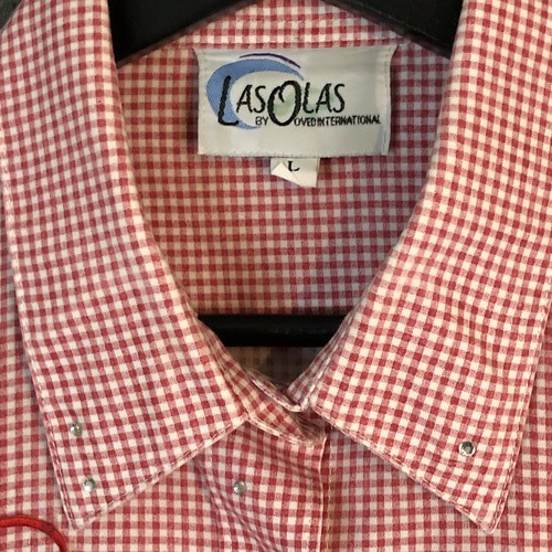 Vintage Las Olas Blouse L Red White Check Embroidered Hearts Long Sleeve Festive - Picture 3 of 12