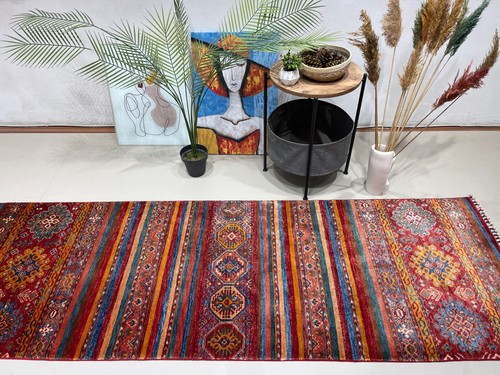 Handmade (2'9" x 8'2") Striped Khorjin Afghan Tribal Veg Dye Wool Runner Rug - Picture 10 of 16