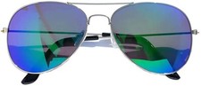 BLUE-GREEN REFLECTIVE COLORED MIRROR LENS AVIATOR SILVER METAL FRAME SUNGLASSES