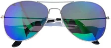 BLUE-GREEN REFLECTIVE COLORED MIRROR LENS AVIATOR SILVER METAL FRAME SUNGLASSES