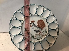 Deviled Egg Plate Rooster Round Hand Painted Made In Italy Green Yellow