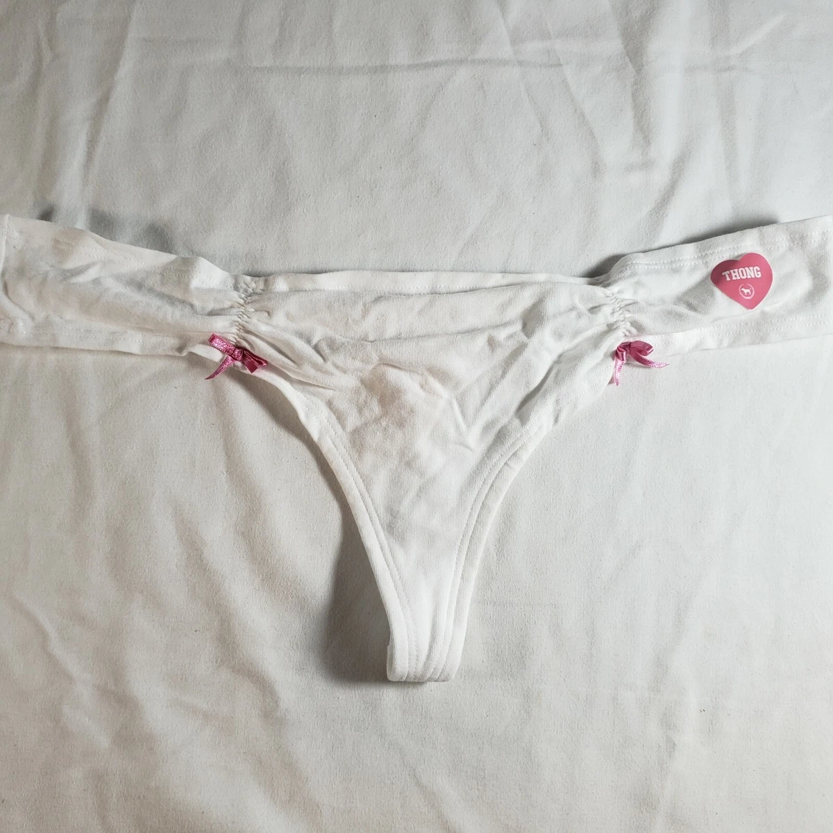 Victoria's Secret Pink Low Rise Thong White Large Ruched Bows Cotton Blend  VTG