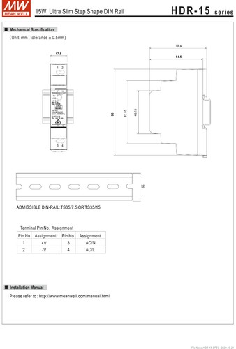HDR 15 24 Meanwell Cappello Rails Alimentatore Alimentazione Trasformatore LED - Imagen 5 de 6