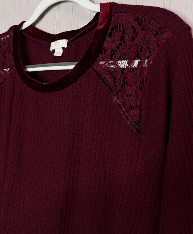 Charming Charlie Women SWEATER 3X Burgandy Waffle Weave Knit Lace Velvet Ruffle - Image 4 of 4