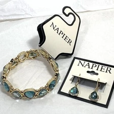 NWT 90s Napier Blue Faceted Jewel Teardrop Jewelry Set Bracelet Earrings Crystal