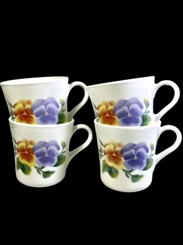 Corelle Corning Ware Summer Blush Coffee Tea Cups Mugs Pansies Flowers Set of 4