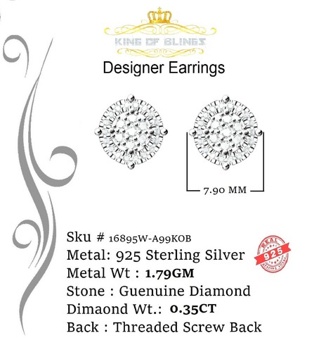 925 Sterling Silver 0.35ct Diamond For Women's/ Men's White Stud Round Earrings - Picture 4 of 12