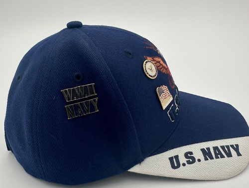U.S. Navy Baseball Hat Blue Adult Strapback JWM Eagle NWOT With WWII pins - Picture 4 of 5