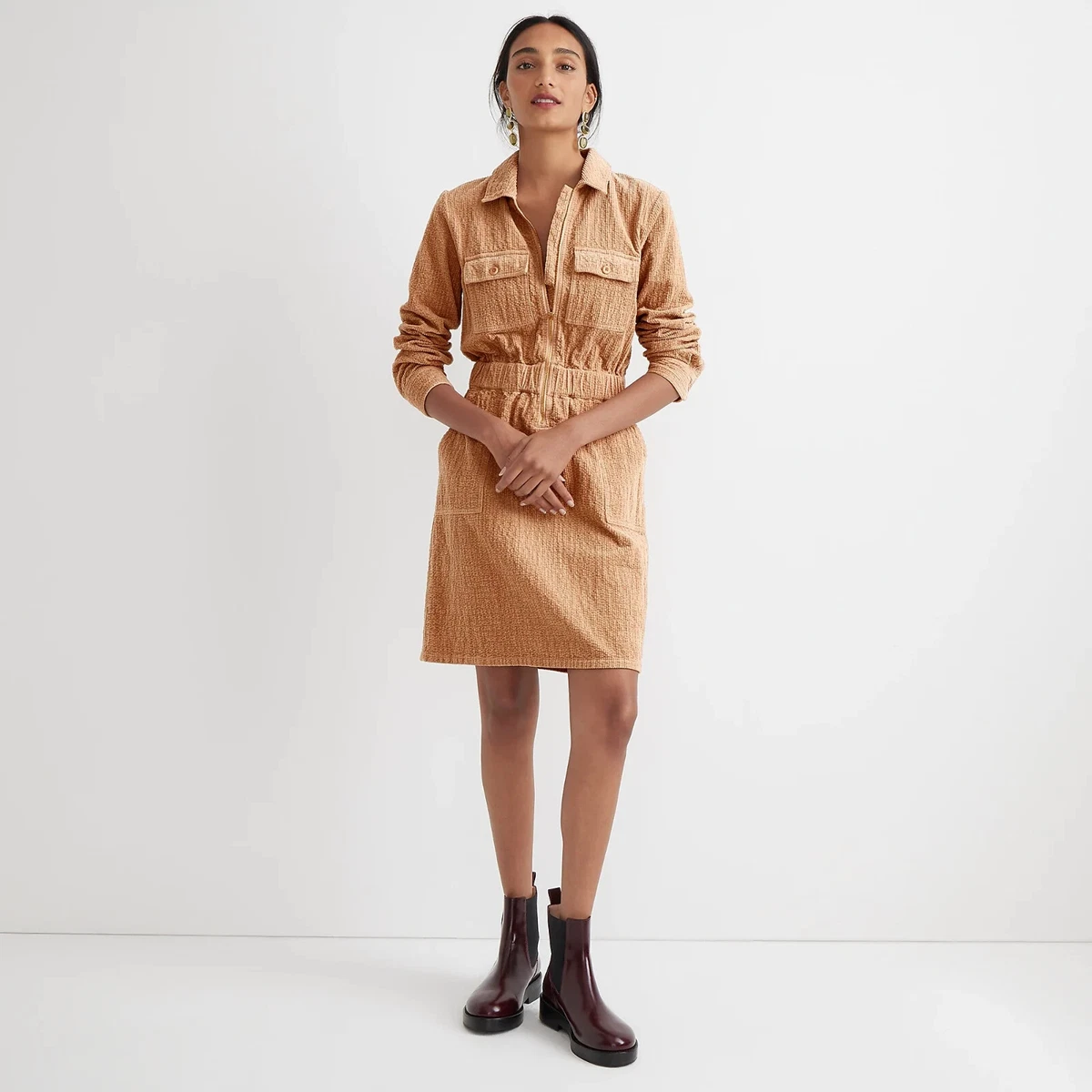 NWT J. Crew Zip Front Corduroy Shirt Dress Tan Stretch Cotton Pocket 178 Sz 18