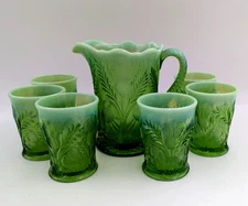 Rare Mosser Green Opalescent Glass Pitcher and 6 Glasses Set - Inverted Thistle
