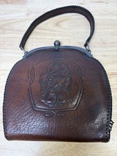 Antique Tooled Leather Purse Handbag 1900's Brown Art Nouveau Vintage