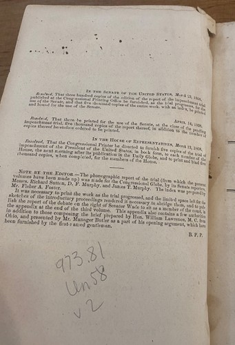 SENATE IMPEACHMENT TRIAL OF ANDREW JOHNSON Volume II only 1868 RECONSTRUCTION - Picture 5 of 19