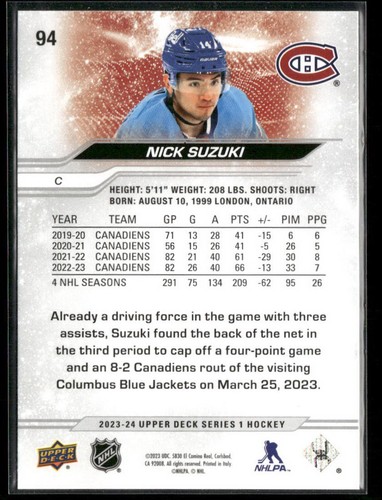 2023-24 Upper Deck #94 Nick Suzuki Montreal Canadiens Hockey Card - Picture 2 of 2