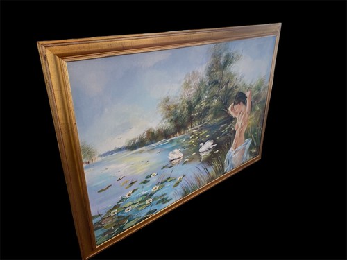 Dipinto su Tela con Cornice - Scena Romantica con Donna e Cigni - 93 x 133 cm - Picture 7 of 14