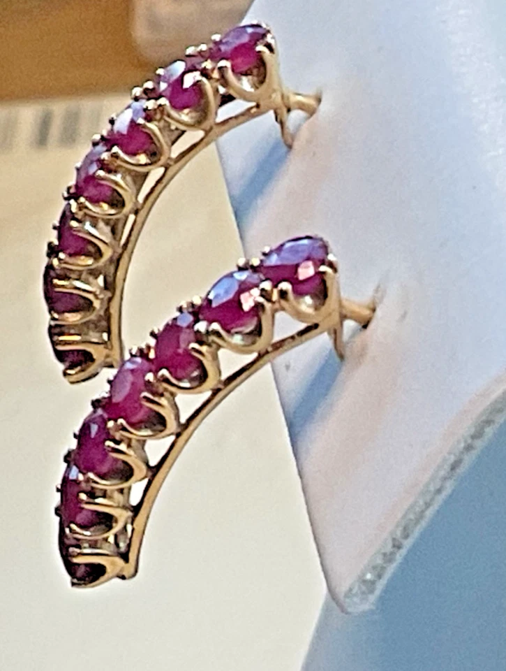 10K Yellow Gold Ruby Hoop Earrings J-Hoop Design - Image 4 of 4