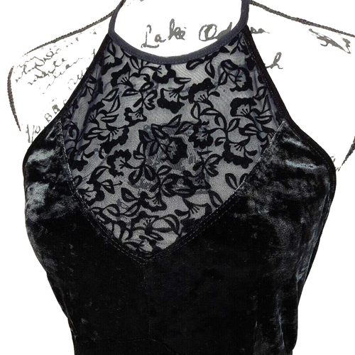 Intimately Free People Velvet Burnout Lace Halter Mini Dress Medium Black Goth - Picture 10 of 17