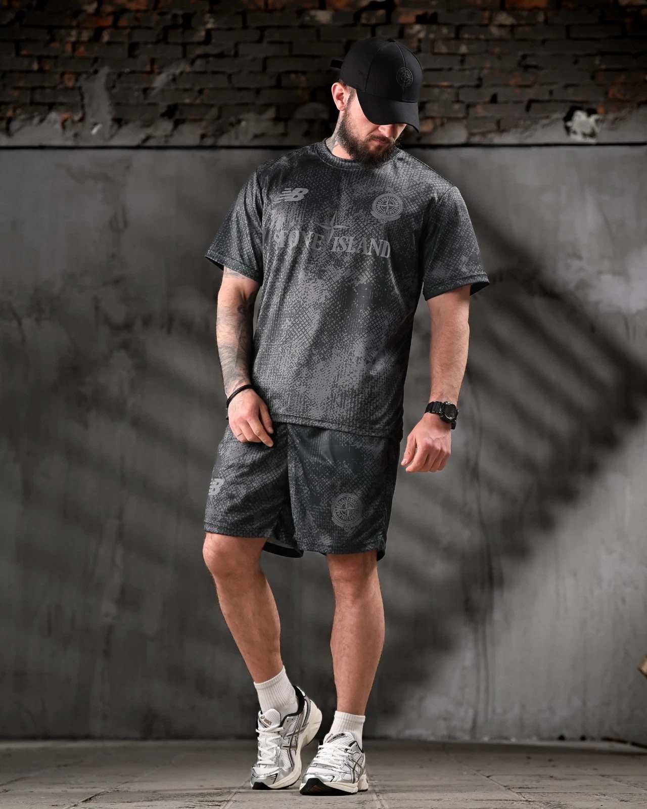 Men's Summer Streetwear Set - Textured Graphic T-Shirt & Shorts Tracksuit Dark G