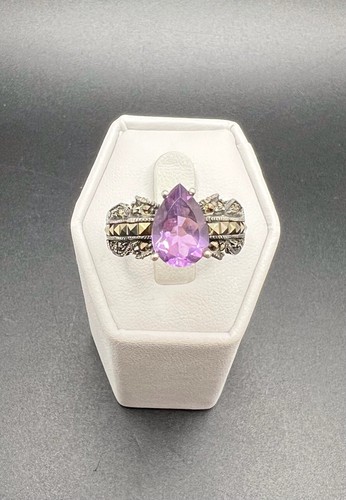 JUDITH JACK 925 Sterling Silver Amethyst Marcasite Art Deco Style Ring Size 10