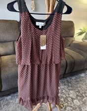 Criss Cross Brown Black Geometric Lace Ruffle Sleeveless Layered Short Dress L