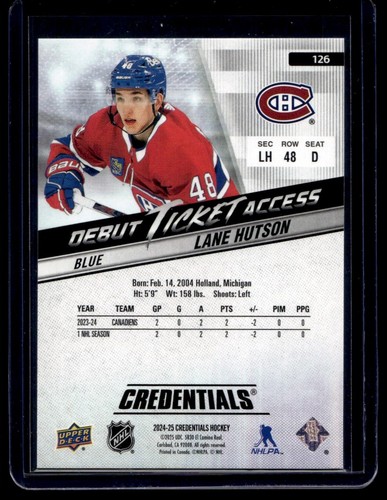 2024-25 Upper Deck Credentials Debut Ticket Access Blue Lane Hutson RC /399 #126 - Bild 2 von 2