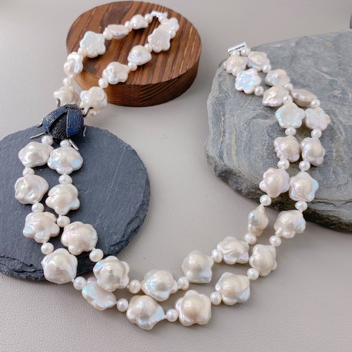 2 Rows White Flower Pearl Necklace Cz Pave Beetle Gunmetal Charm Fashion Jewelry - Picture 1 of 6