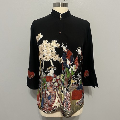 Blusa Top Citron Santa Monica 100% Seda Estampado Kimono Asiático Talla S Multicolor - Imagen 2 de 12