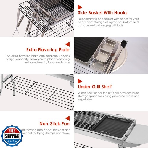 TeqHome Portable Charcoal Grill, Large Stainless Steel Folding BBQ Grill, Fol - Picture 2 of 5