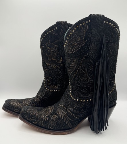 Corral Women's Black & Gold Stamped Floral Suede Cowgirl Boots A4492 Size 9