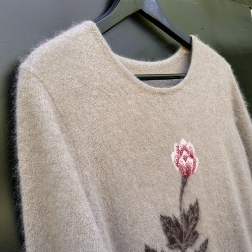 Vintage Soft Angora Sweater Mini Dress Sz M Brown Floral Fluffy Ribbed Cozy - Picture 5 of 21