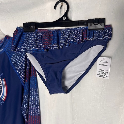 Nautica Girls 2 Pc. Swimsuit Blue White & Red Ruffle Nautical Print UV Protect - Picture 12 of 14