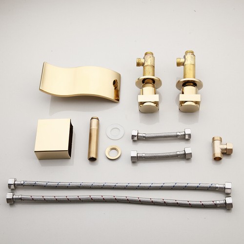 Waterfall Gold Bathroom Basin Sink Mixer Faucet 3PCS 2 Handles Deck Mounted Tap& - Picture 8 of 26