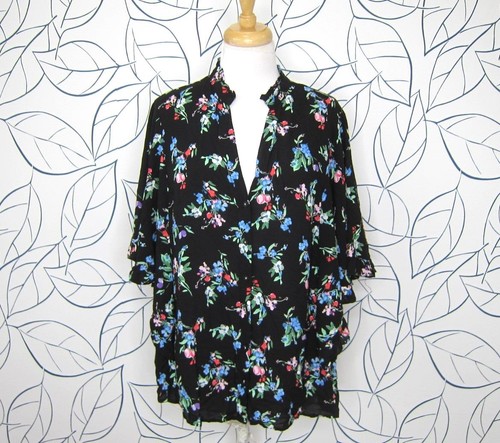 Anthropologie Maeve Aveiro Black Flutter Sleeve Floral Blouse Size 2X - Picture 2 of 13