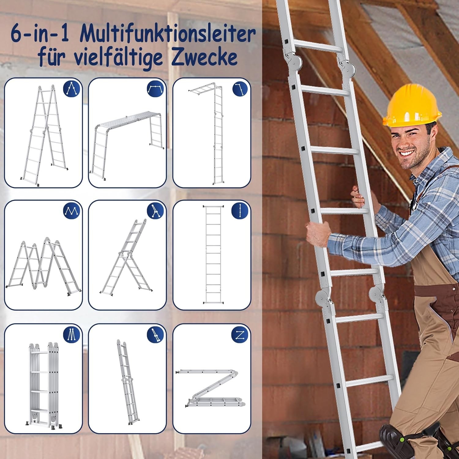 6 in 1 Mehrzweckleiter Aluminium Steckleiter Steigleiter Rutschfest
