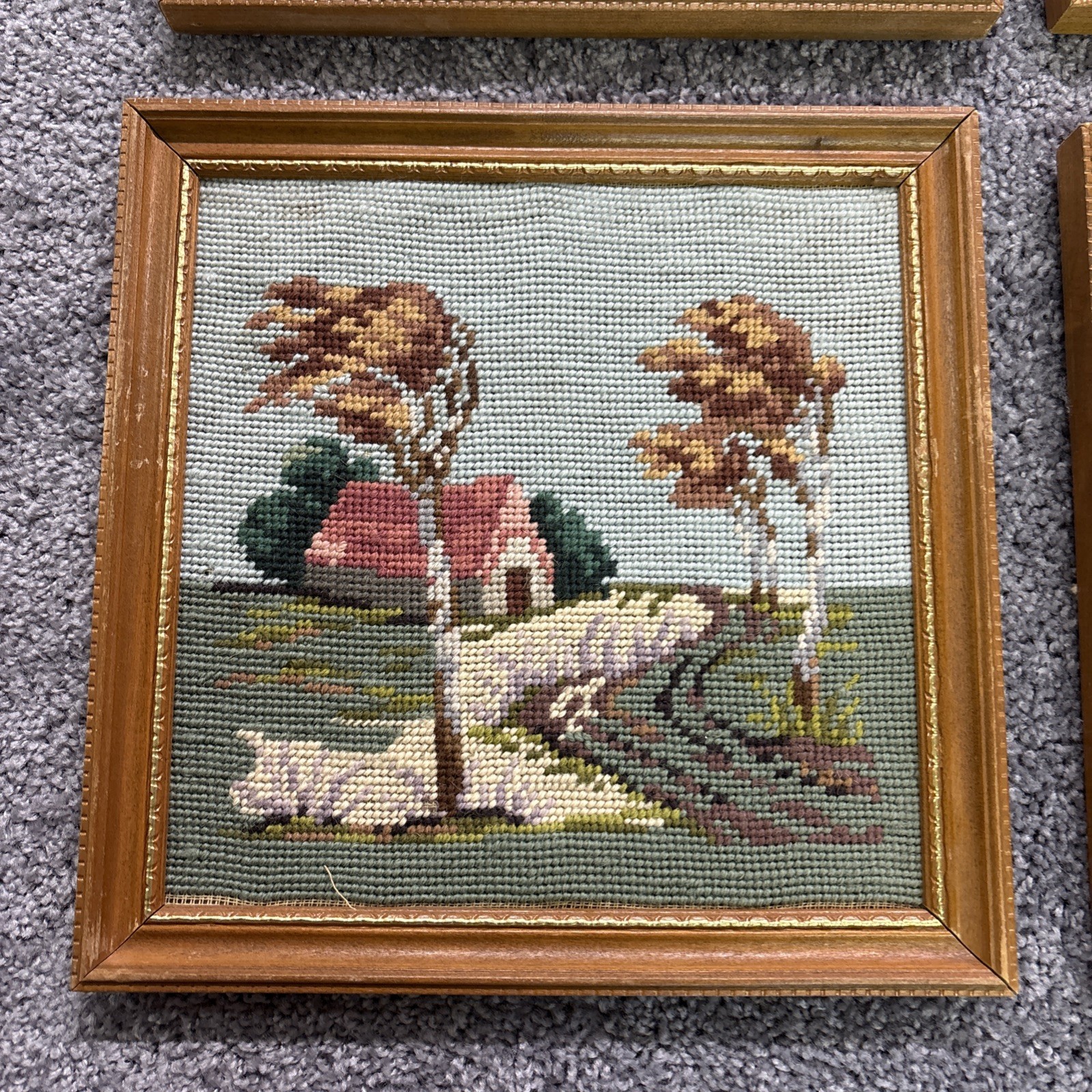 Four Season Needlepoint 11” Framed Pictures Winter Spring Summer Fall Signed