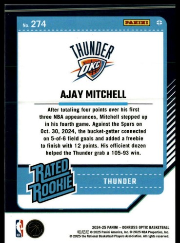 2024-25 Donruss Optic #274 Ajay Mitchell - Picture 2 of 2