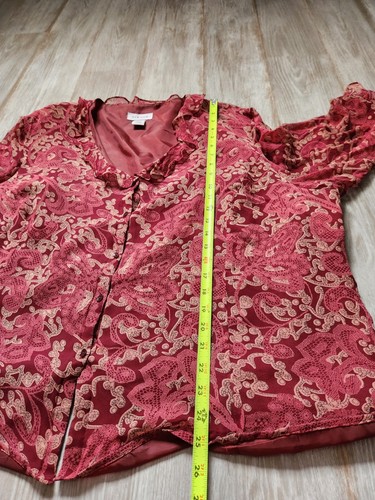 Avenue Maroon Red Button Down Blouse 100% Silk Ruffle Collar Sleeves Sz 26/28 - Picture 6 of 7