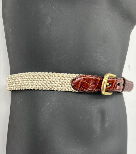 Brighton Men's Ivory Braided Woven Cotton Croc Embossed Leather Belt Size 36 - Picture 3 of 13