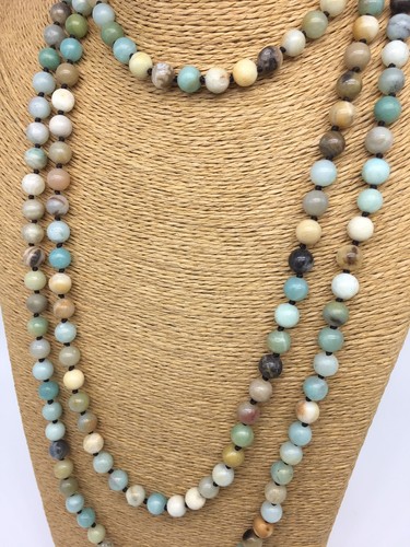 Fashion semi precious stone 36inch long knot Amazonite Stones Necklace woman - Picture 3 of 7