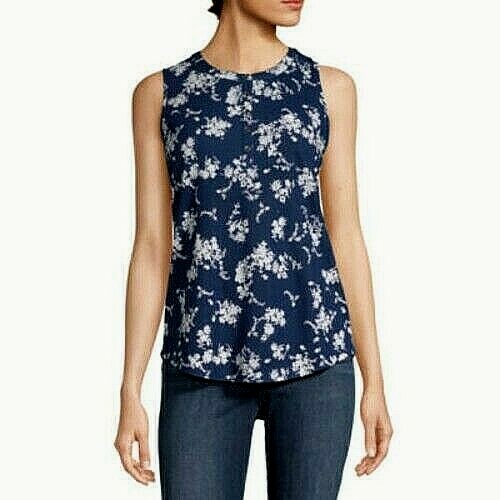 Liz Claiborne Damen Rundhals Henley Tank Top MEDIUM Navy Floral mit Tasche - Bild 1 von 1