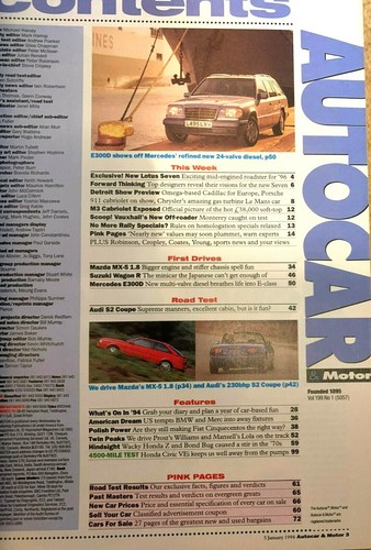 AUTOCAR MAGAZINE 05-JAN-94 - Audi S2 Coupe, Honda Civic VEi, Mercedes E300D W124 - Picture 2 of 2