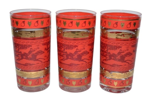 Vintage Longdrinkgläser Rot Gold Pferd Fuchs Jagd 12 oz 3er Set MCM Barware Man Cave - Bild 2 von 10