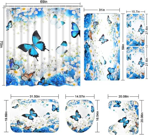 Large 7 Pcs Blue Butterfly Shower Curtain Set with Non-Slip Bath Mat & Towels - Picture 7 of 9
