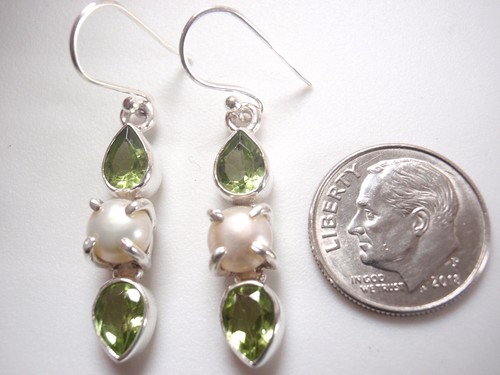 Faceted Peridot and Cultured Pearl 925 Sterling Silver Dangle 3-Gem Earrings - Picture 2 of 2