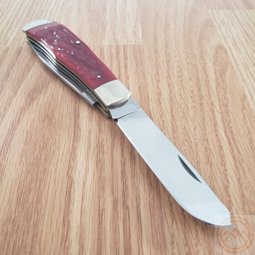 Queen Big Boy Trapper Pocket Knife 1095 Steel Blades Red Jigged Bone Handle 7555 - Picture 5 of 16