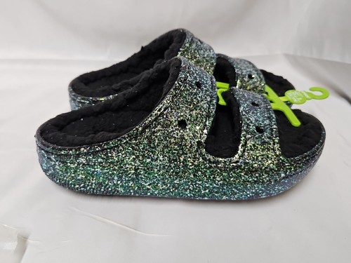 Crocs Sandals Black Silver Classic Cozzzy Glitter Straps Womens Size 4 New Cozy - Picture 8 of 12