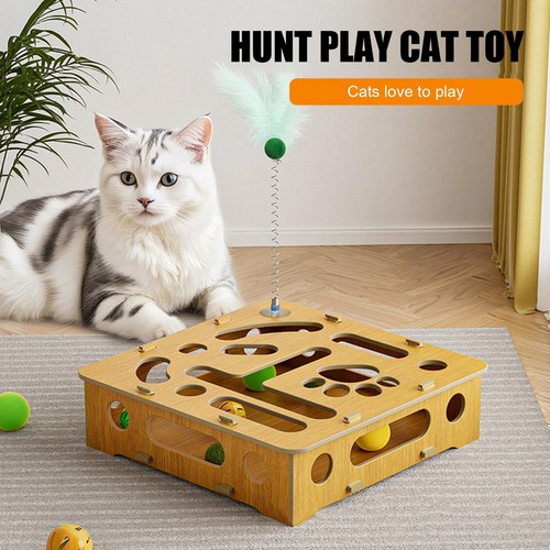 Cat Hunting Box Confuse a Cat Box Puzzle Wood Cat Interactive Toy with Feather - Picture 6 of 12